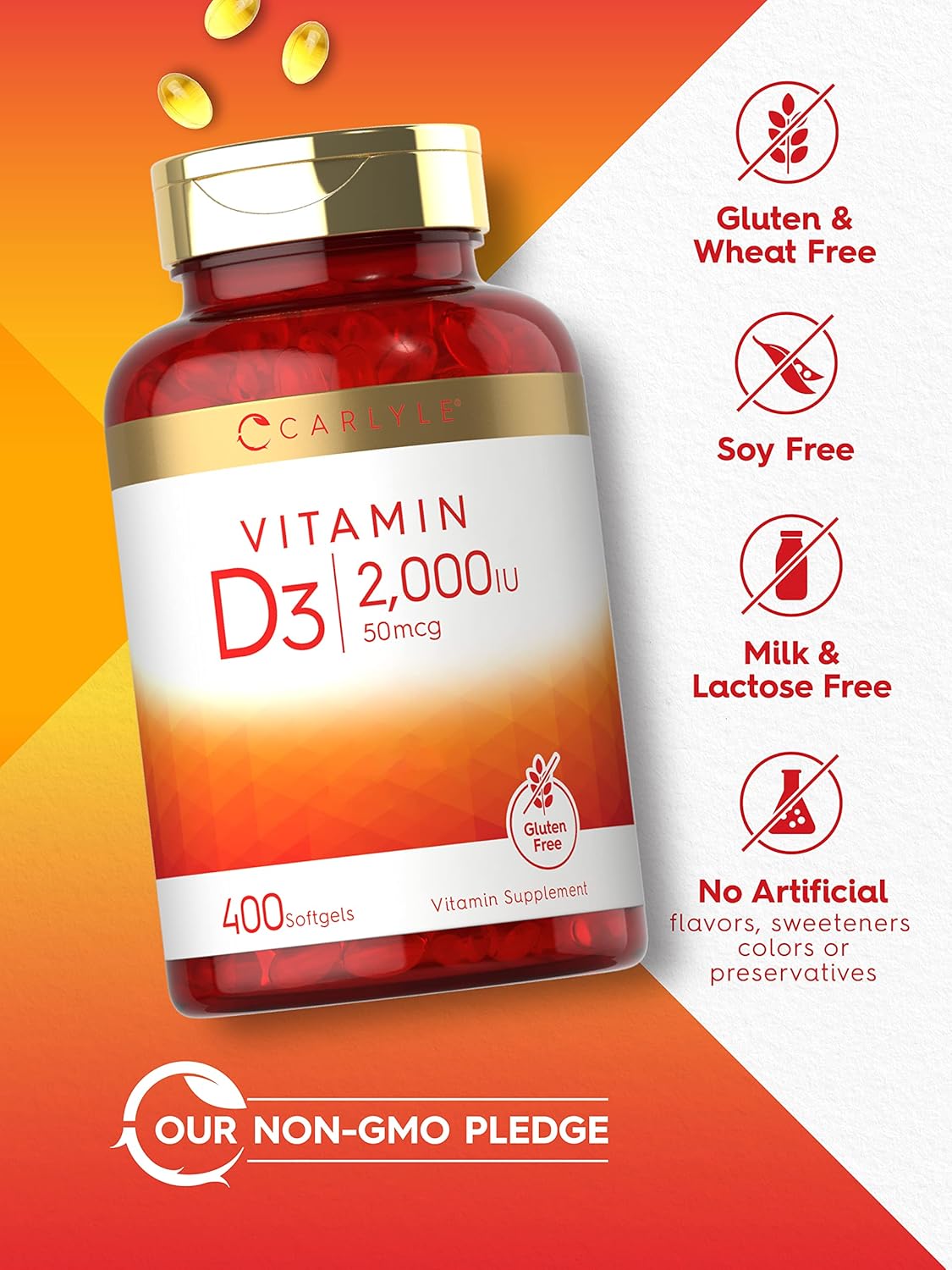 Suplemento de Vitamina D3 2000IU Carlyle 400 Softgels Non-GMO