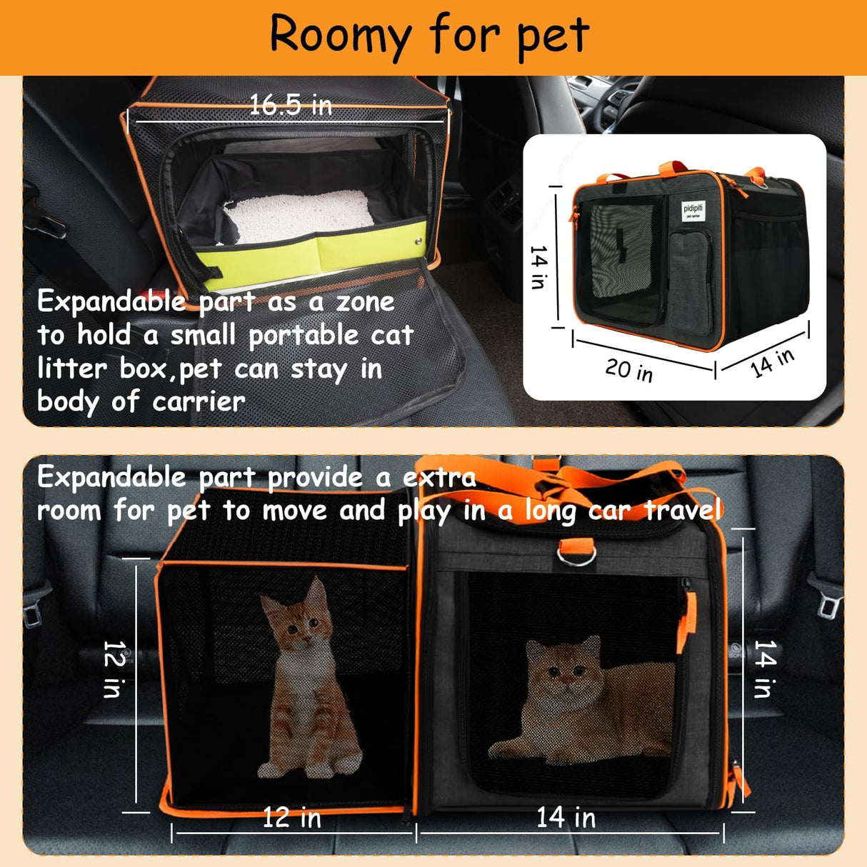 Transportín Expandible para Mascotas, 20x14x14, Viaje Corto/ Largo
