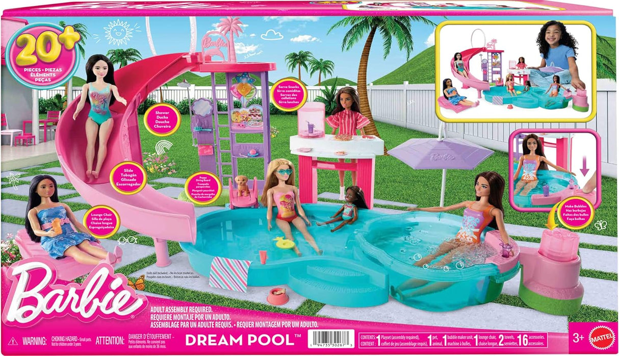Barbie Dream Pool Set con 6 Áreas y 20+ Accesorios