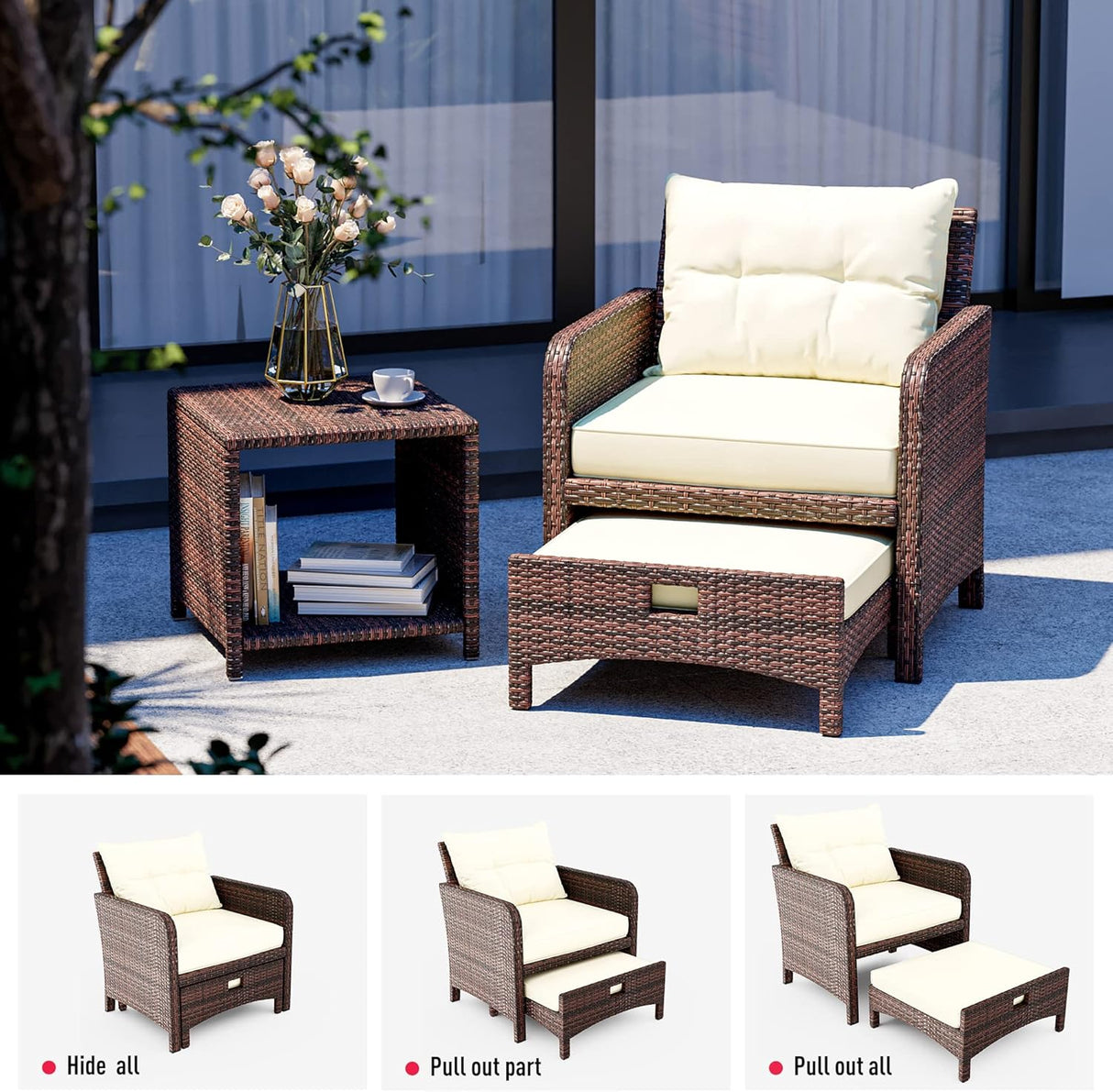 Pamapic Juego de 5 muebles de mimbre para patio, sillas de patio al aire libre con otomanas, muebles de conversación con coffetable para jardín y balcón (beige)