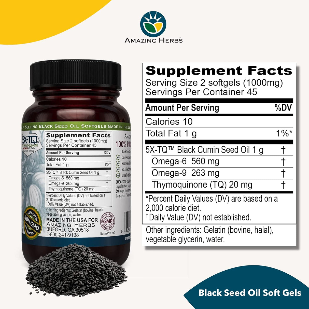 Cápsulas de Aceite de Semilla Negra Amazing Herbs 500mg 90 ct