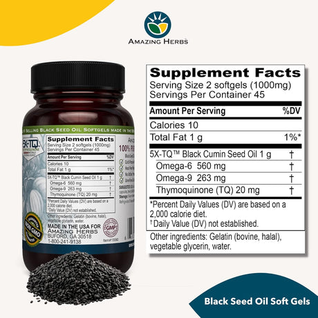 Cápsulas de Aceite de Semilla Negra Amazing Herbs 500mg 90 ct