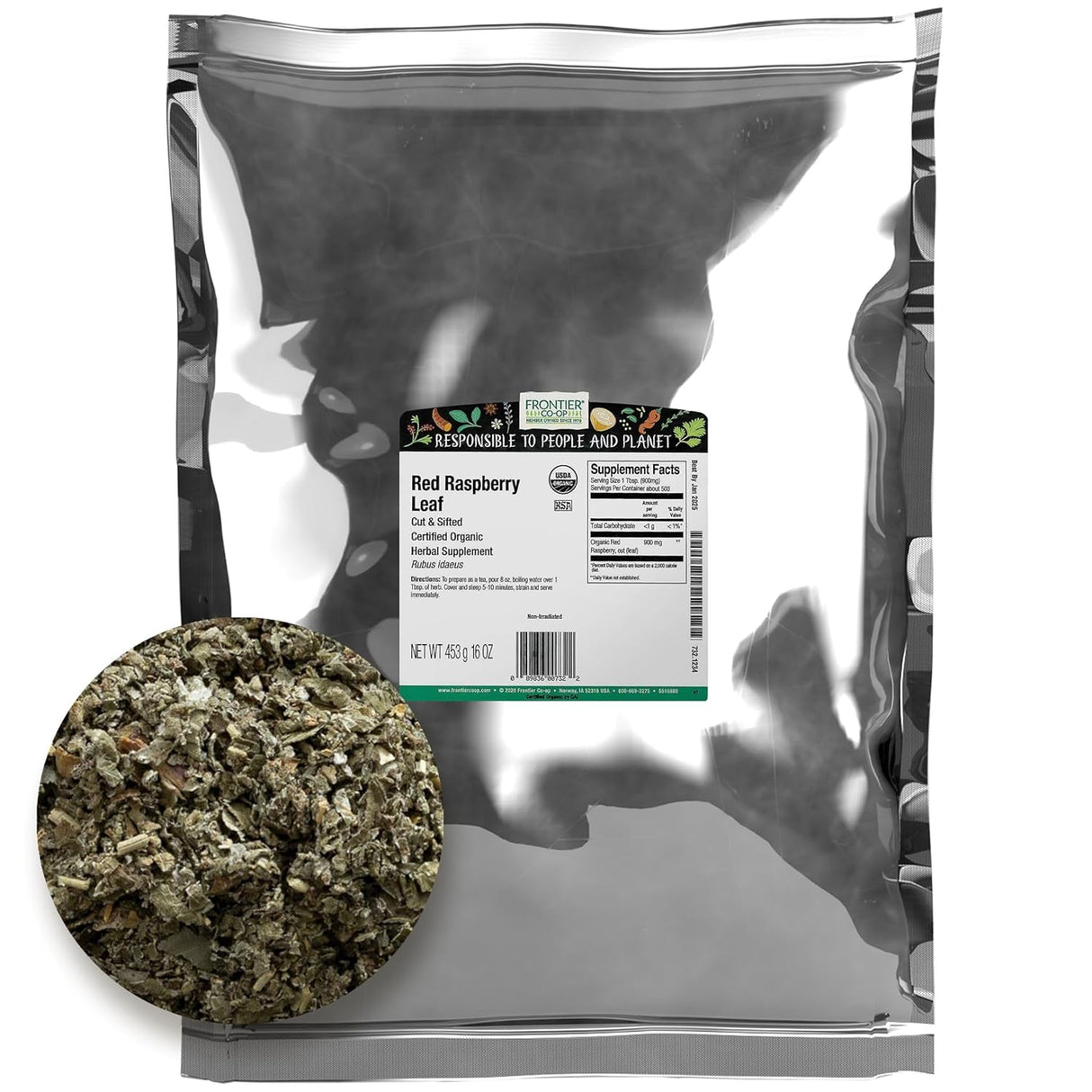 Suplemento Herbal Hoja de Frambuesa, Frontier, Orgánico 1 lb
