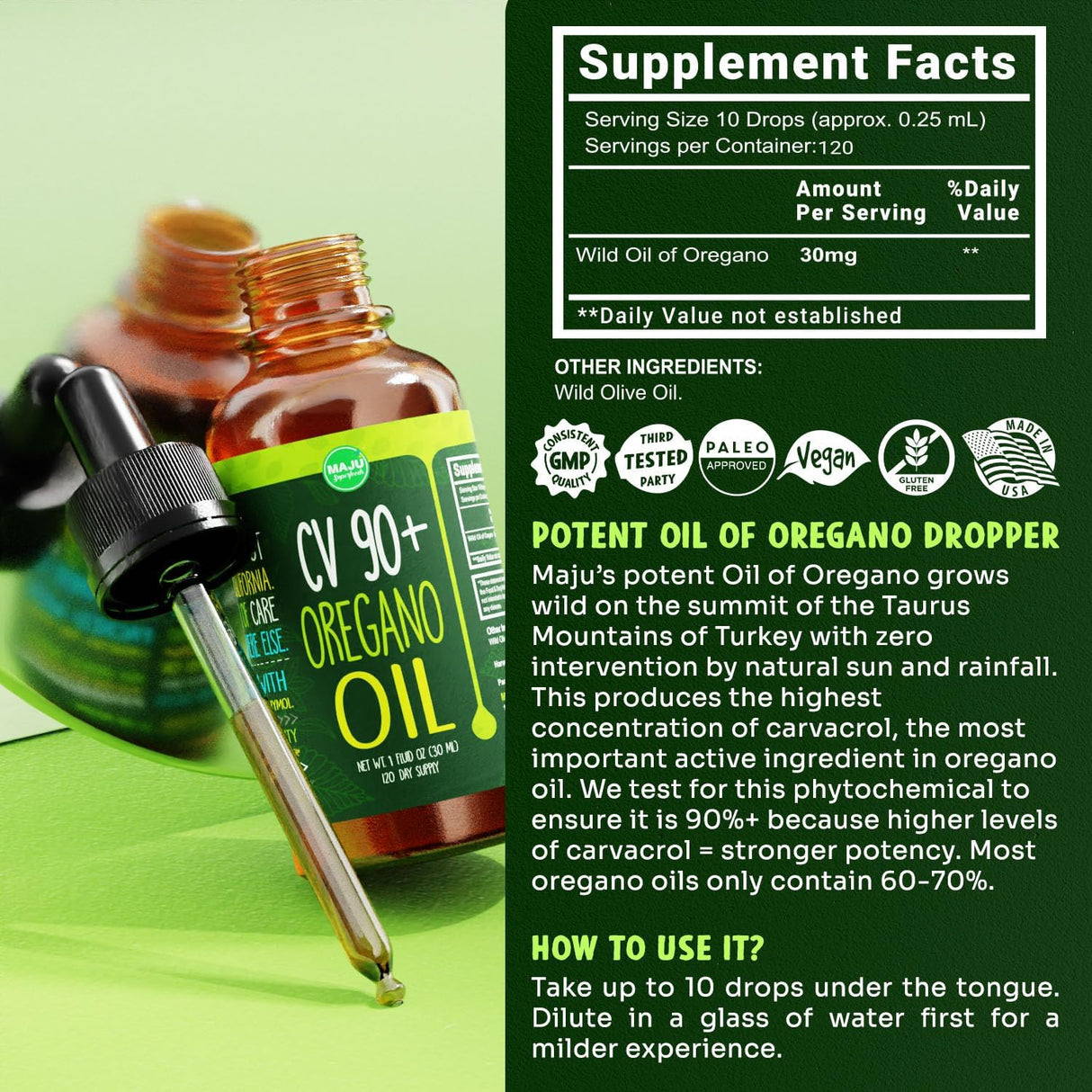 Aceite de Orégano Potente 90%+ Carvacrol Apoyo Inmune