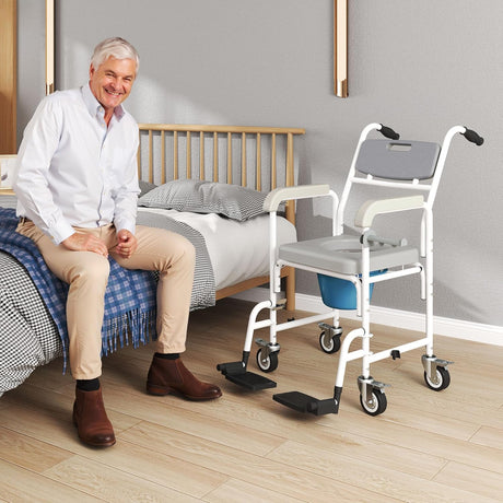 Silla de Ducha HOMCOM 4 en 1 con Ruedas y Respaldo