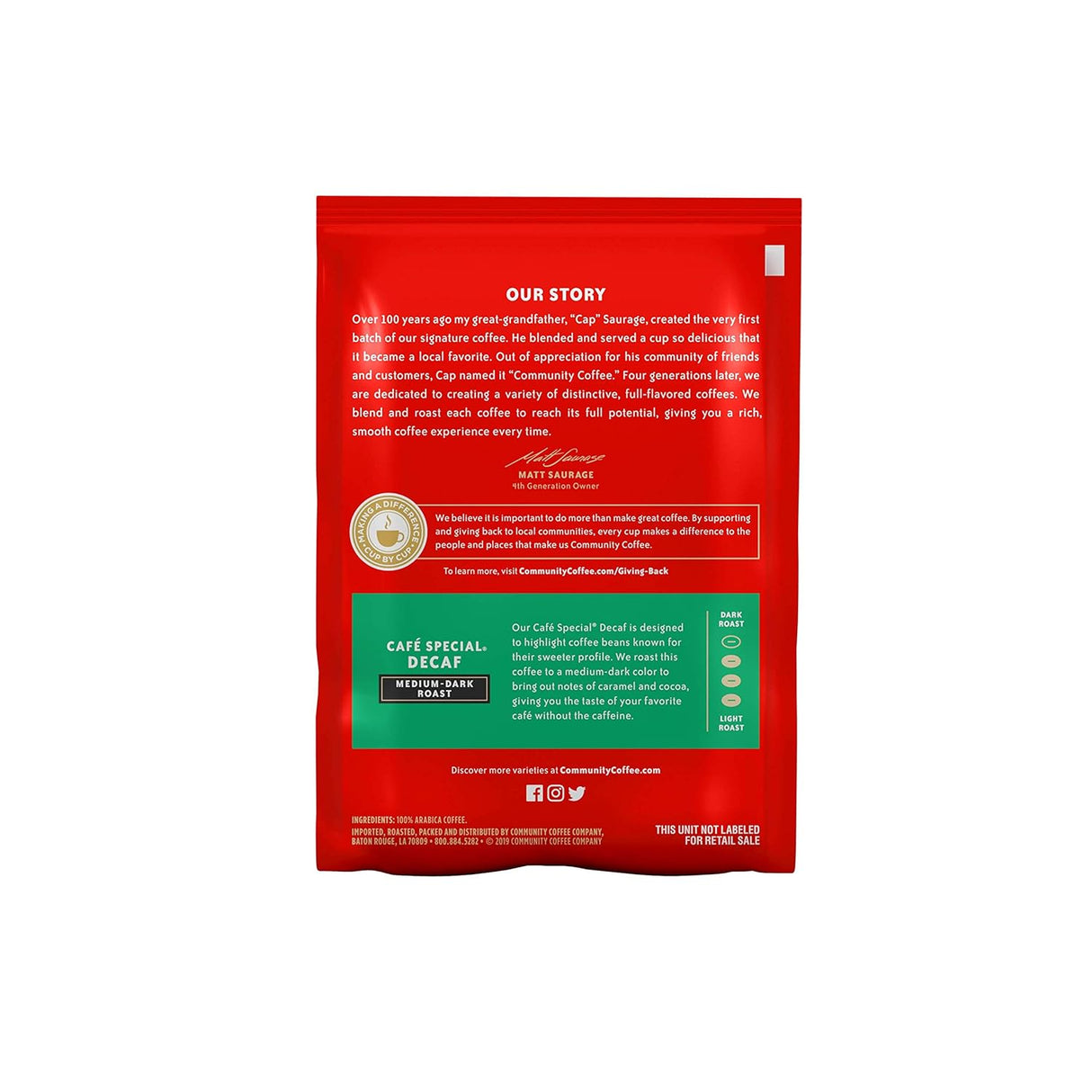 Café Decaf Community Coffee, Tostado Medio Oscuro, 20 Paquetes