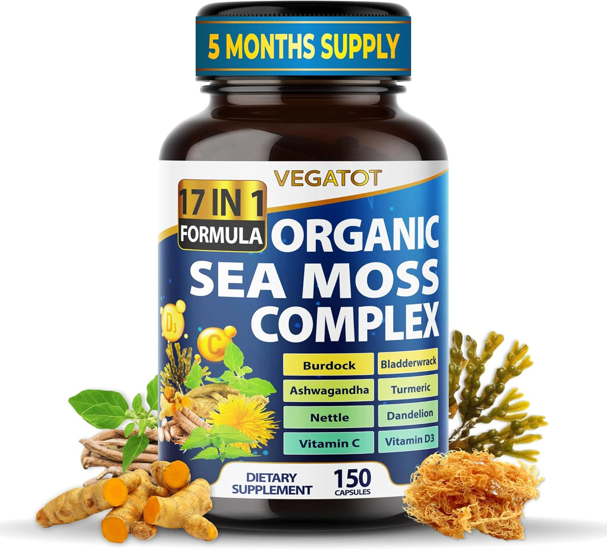 Sea Moss con Bladderwrack, Burdock y Ashwagandha, 150 cápsulas