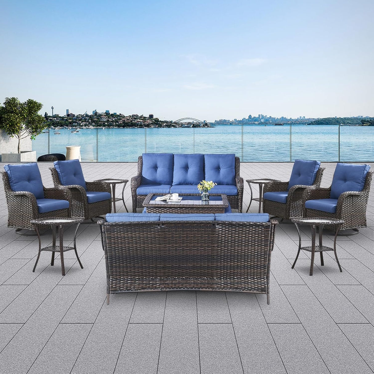 Belord Juegos de muebles de mimbre para patio, 13 piezas de muebles de ratán para exteriores con 4 sillas mecedoras giratorias, 2 sofás de ratán, otomanas de mimbre y mesa auxiliar, marrón/azul
