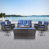 Belord Juegos de muebles de mimbre para patio, 13 piezas de muebles de ratán para exteriores con 4 sillas mecedoras giratorias, 2 sofás de ratán, otomanas de mimbre y mesa auxiliar, marrón/azul