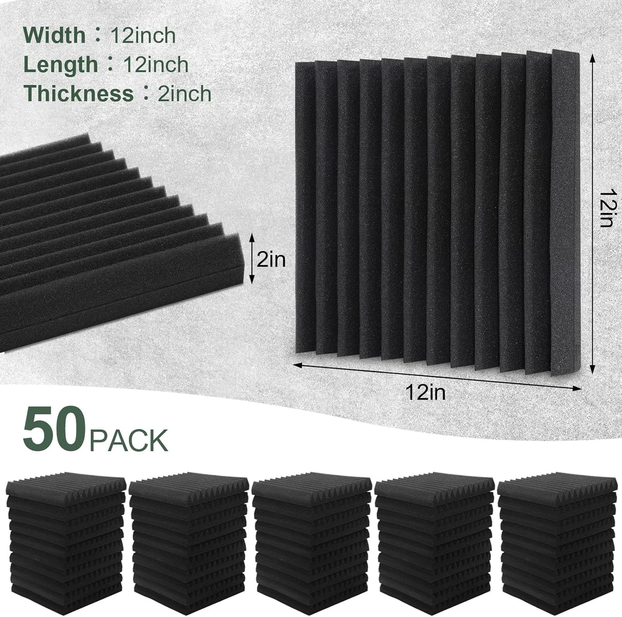 Paquete de 50 Paneles Acústicos, Alta Densidad, 2 X 12 X 12