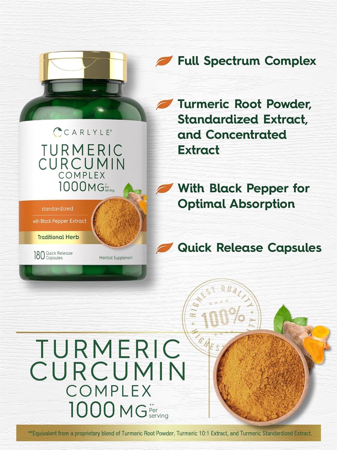 Suplemento de Cúrcuma Carlyle 1000mg | 180 Cápsulas Non-GMO