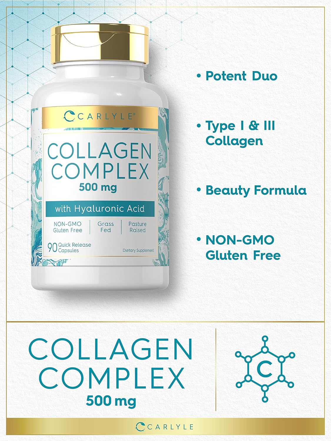 Suplemento de colágeno con ácido hialurónico 500 mg  90 cáp