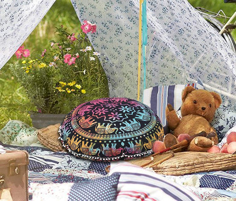 Funda bohemia para cojín, de 32 pulgadas, con diseño de mandala, para meditación, decorativa, otomana, grande, para exteriores, decoración del hogar, decoración de arte en el hogar, redonda, con pompones de algodón, cómoda