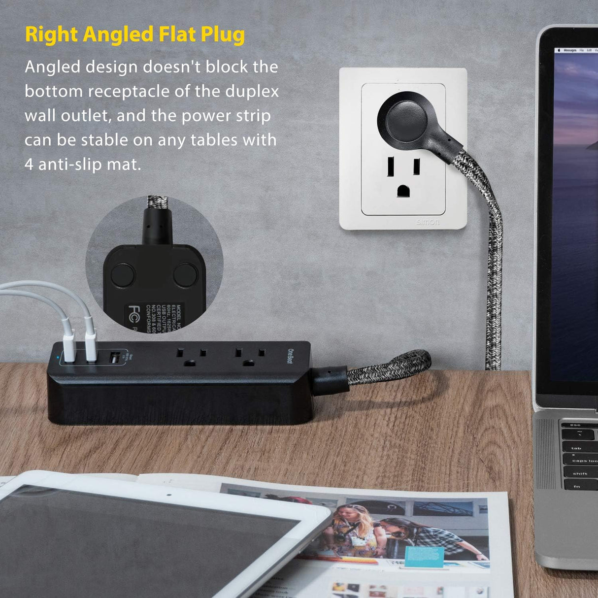 Caja de enchufes de viaje con 3 puertos USB de carga (3,1 A, 15 W) y 2 tomacorrientes, estación de carga de escritorio con cable de extensión trenzado de 5 pies, enchufe plano, portátil para hotel, crucero, hogar y oficina