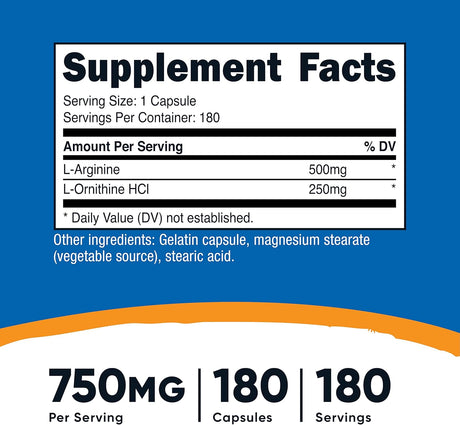 Nutricost L-Arginina y L-Ornitina 750mg 180 Cápsulas x2