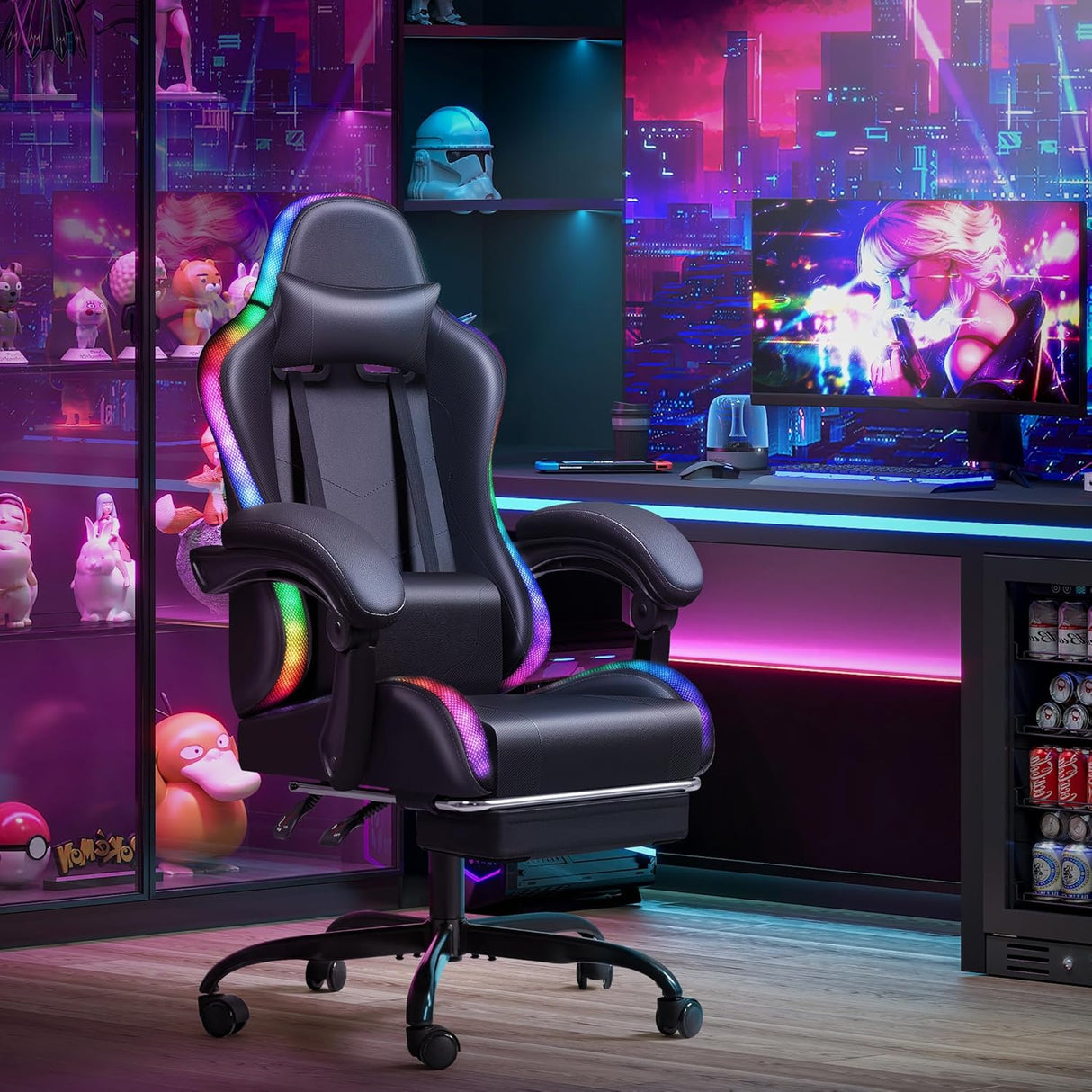 Silla de juegos ergonómica con reposapiés y soporte lumbar