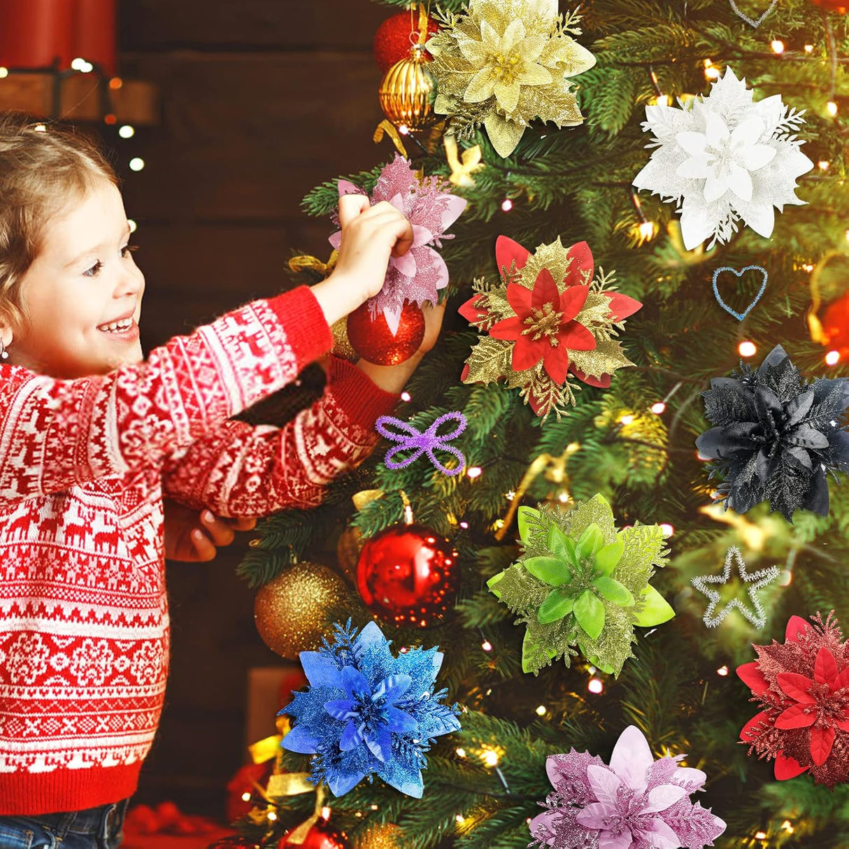 15 Piezas Flores Poinsettia Artificiales con Clips y Tallos