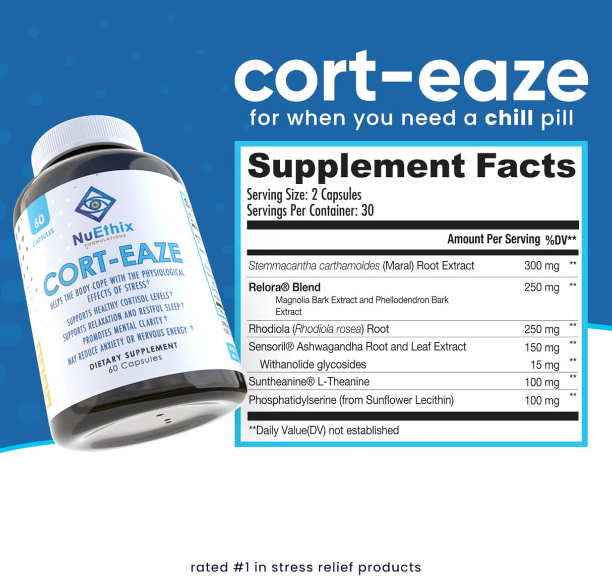 Suplemento Cortisol NuEthix - Relajación y Sueño Profundo, 60 Cápsulas