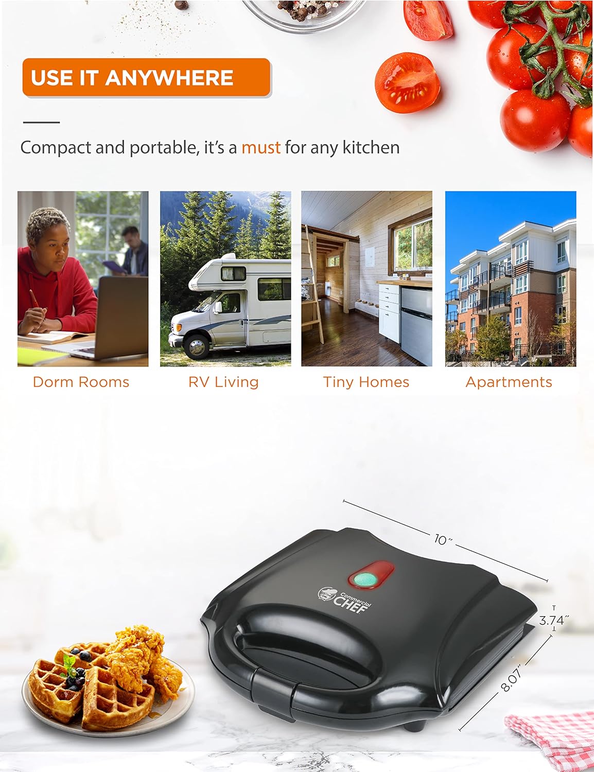 Mini Waffle Maker Comercial Chef, Antiadherente, Fácil de Limpiar