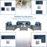 Shintenchi Sofá modular de 5 piezas para patio al aire libre, juegos de muebles de mimbre de polietileno gris plateado con cojines lavables y mesa auxiliar de cristal para jardín, piscina, patio trasero (azul egeo)