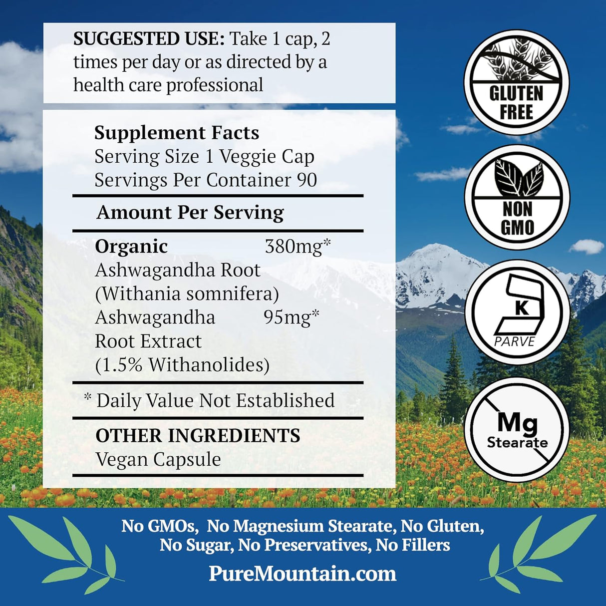 Cápsulas de Ashwagandha - Pure Mountain - 90 Veganas 475mg