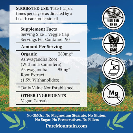 Cápsulas de Ashwagandha - Pure Mountain - 90 Veganas 475mg