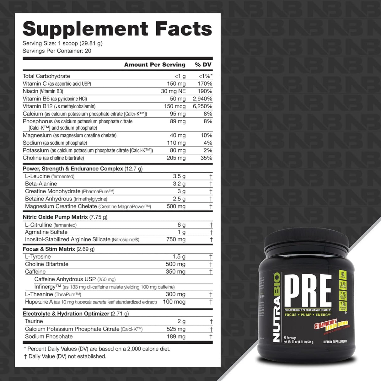 Suplemento NutraBio PRE Entrenamiento V5 de fresa y limón