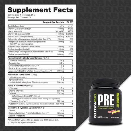 Suplemento NutraBio PRE Entrenamiento V5 de fresa y limón
