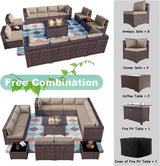ALAULM Juego de 15 muebles de patio para exteriores con mesa para fogata de propano, sofás seccionales para exteriores, muebles de patio, fogata de gas de 43 pulgadas, juego de conversación de ratán de polietileno marrón con 12 cojines, arena