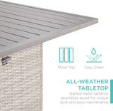 Best Choice Products Juego de mesa de mimbre de 5 piezas para patio, piscina, patio trasero con abridor de botellas integrado, estante de almacenamiento oculto, mesa de metal, 4 taburetes, color gris