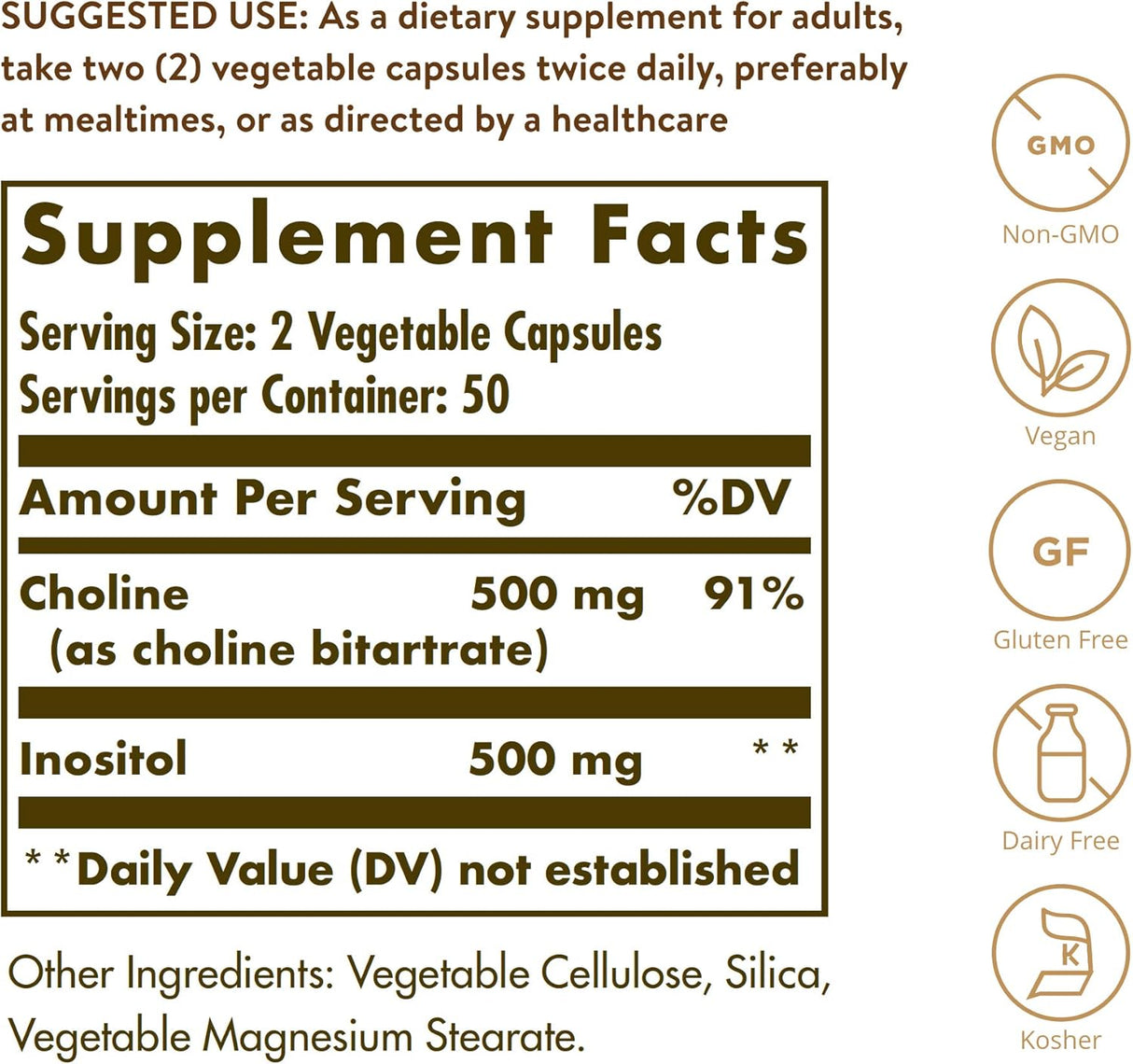 Suplementos  Colina/inositol 500 mg/500 mg 100 cápsulas