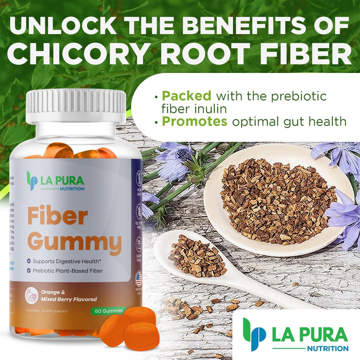 Suplementos de fibra de raíz de achicoria prebiótica de 0.18 onzas, 60 gomitas – Apoya la salud digestiva, mezcla de fibra prebiótica a base de plantas – Sabor naranja y bayas mixtas – Sin OMG, sin