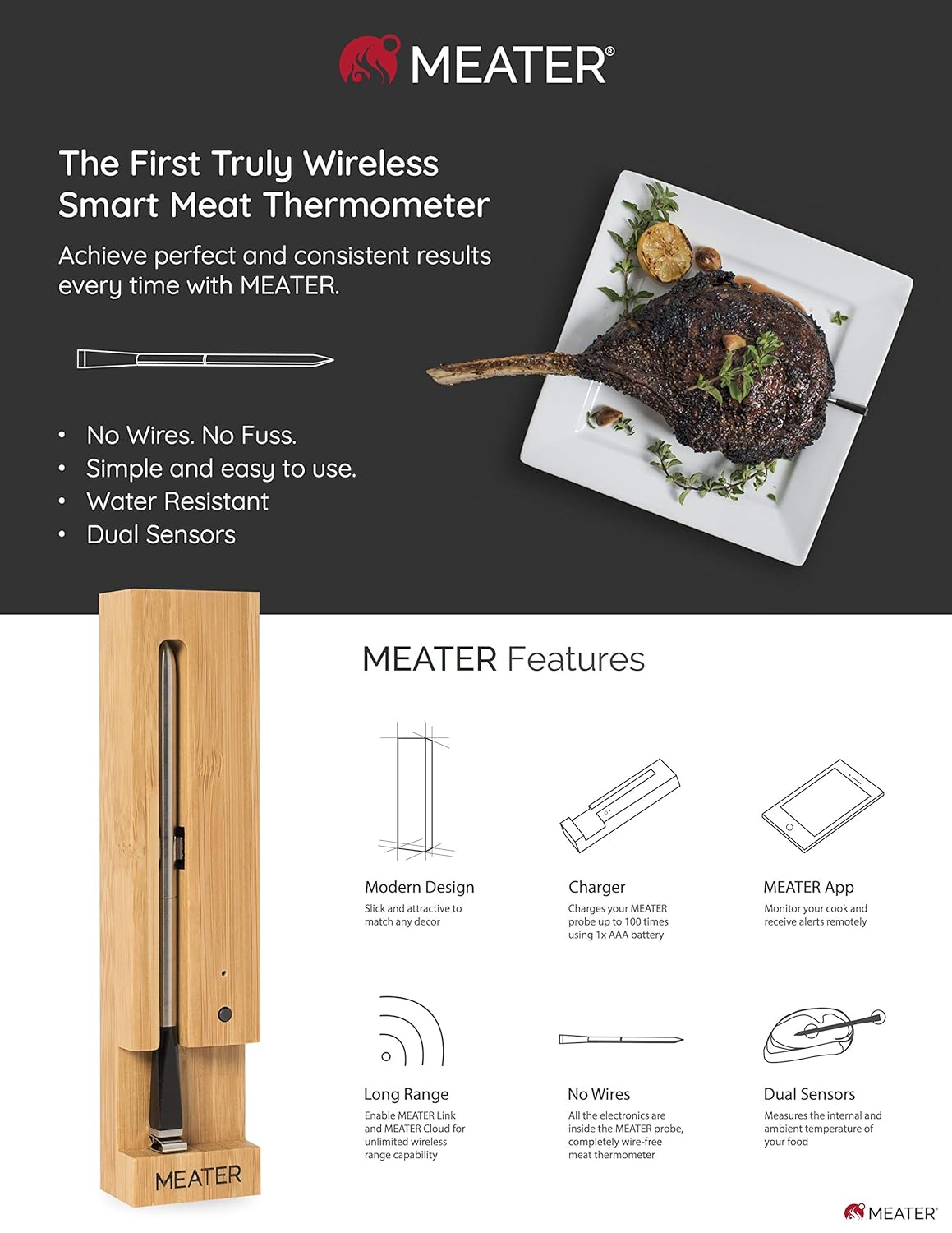 Termómetro de carne MEATER, inalámbrico, Bluetooth y WiFi
