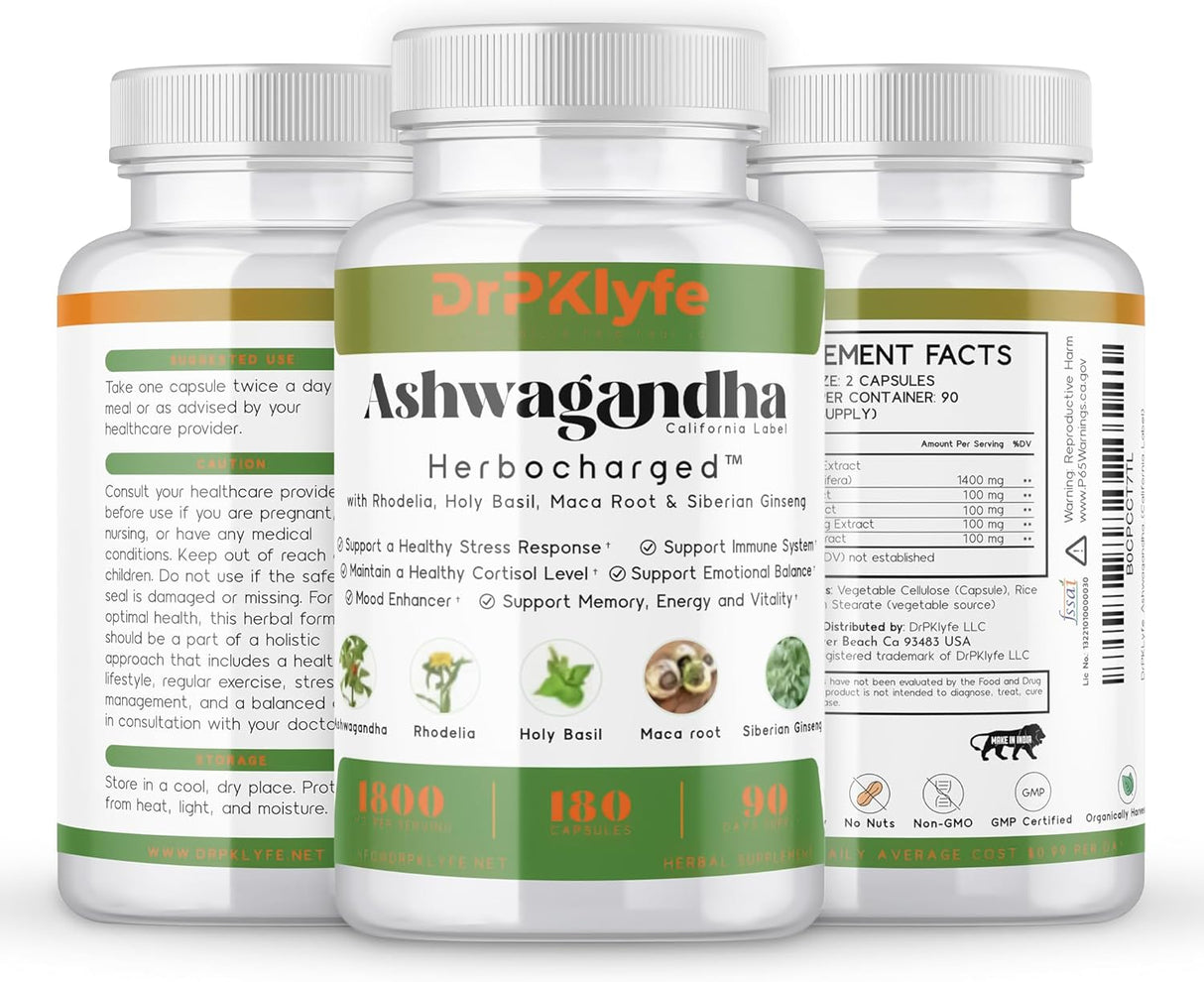 Complejo Ashwagandha 5-1 con Rhodiola, Maca, Ginseng - 180 Cápsulas