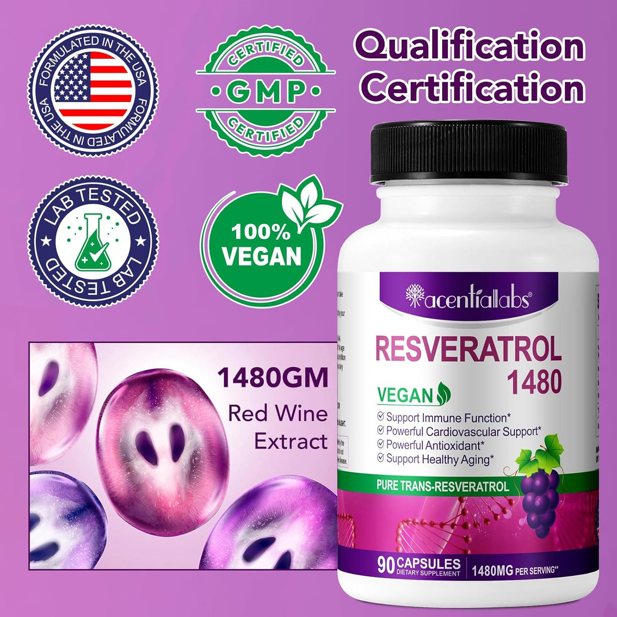 Suplemento Resveratrol 1,480 mg con quercetina 90 cápsulas