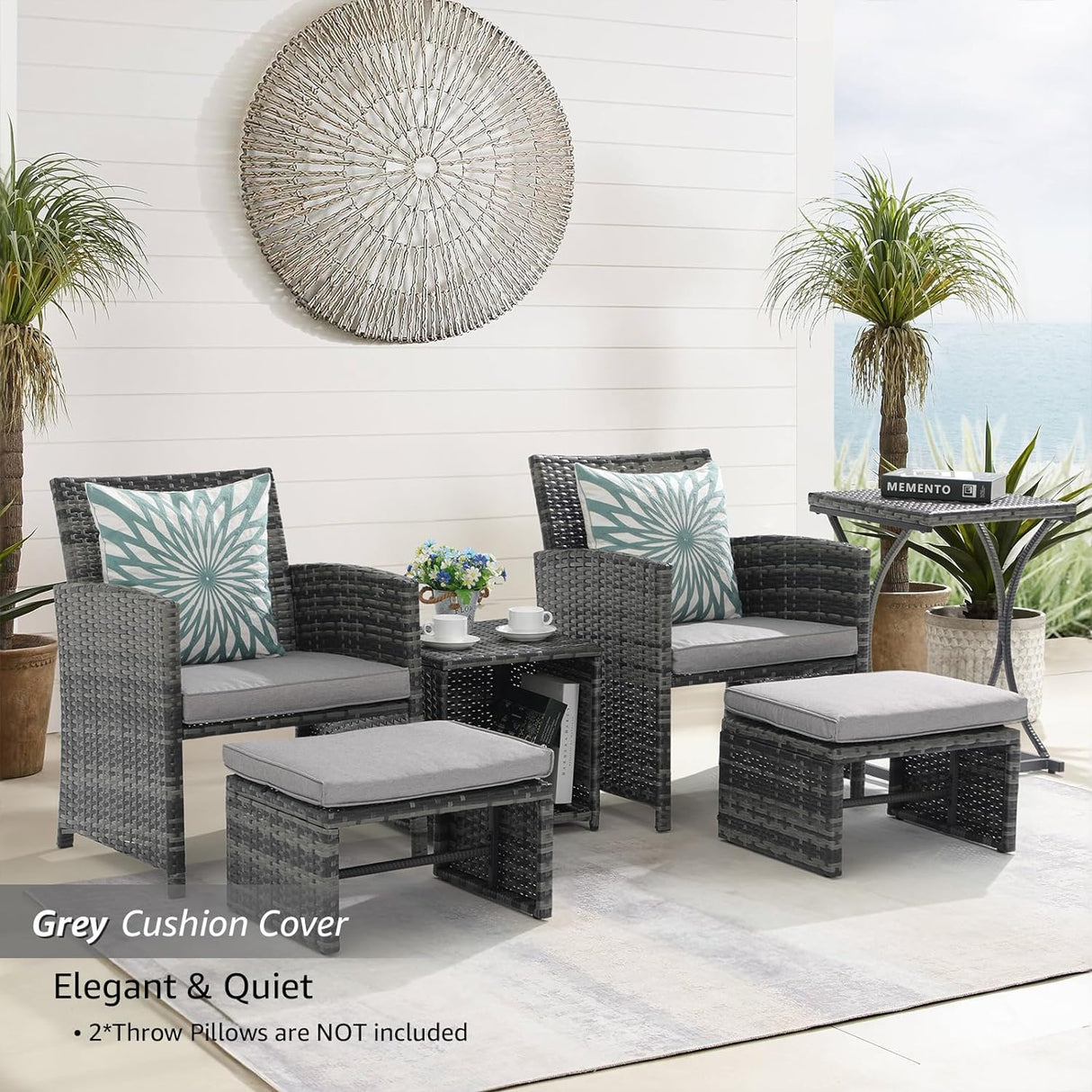 OC Orange-Casual Juego de muebles de patio de 6 piezas con otomana, juego de silla y mesa de mimbre gris para exteriores, muebles de balcón para apartamentos, gris claro