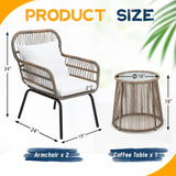 Wildformers Juego de 3 piezas de mimbre de mimbre, juego de conversación al aire libre, juego de muebles de mimbre con mesa superior de cristal, ahorro de espacio para balcón, patio trasero, natural