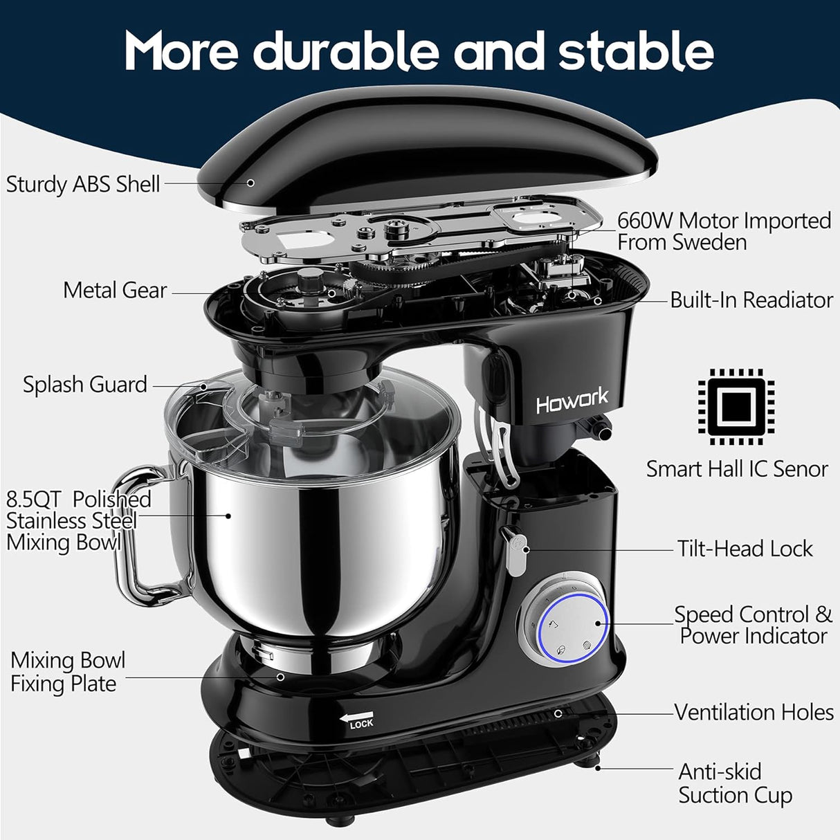 Batidora de Cocina 8.5QT HOWORK 660W 6+P Velocidades Modelo
