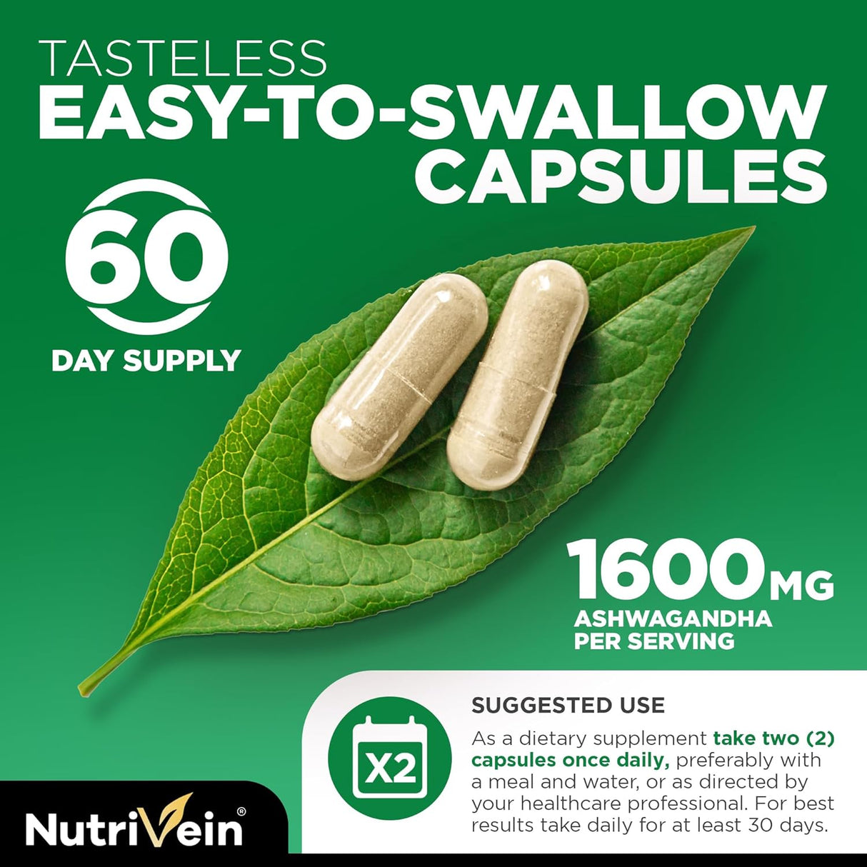 Nutrivein Cápsulas de Ashwagandha 1600mg con Pimienta Negra