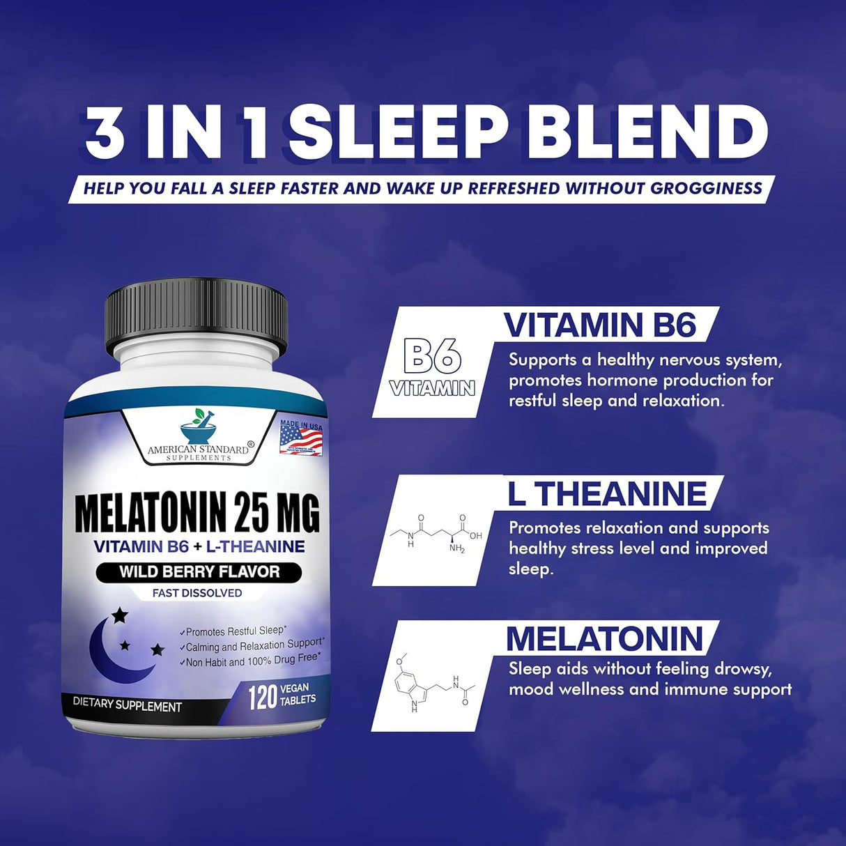 Melatonina 25mg Vegan, 120 Tabletas, L-Theanina, B-6, USA