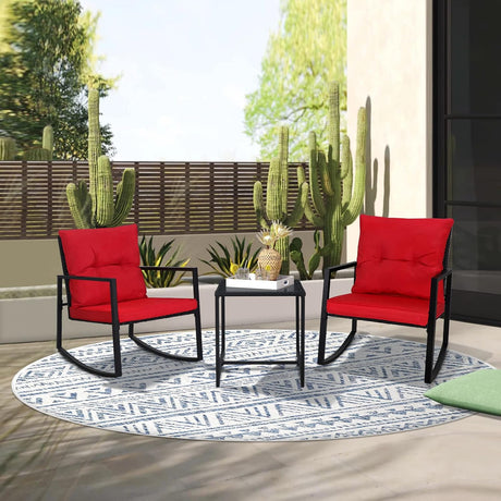 SUNCROWN Juego de 3 piezas de bistró mecedora para exteriores, muebles de mimbre negro, sillas de porche, juegos de conversación con mesa de café de cristal, color rojo