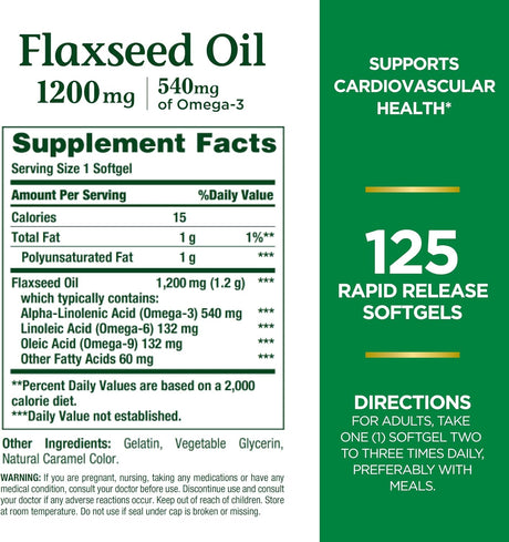 Suplemento de Omega 3 y Linaza, Nature's Bounty, 1200mg, 125 ct