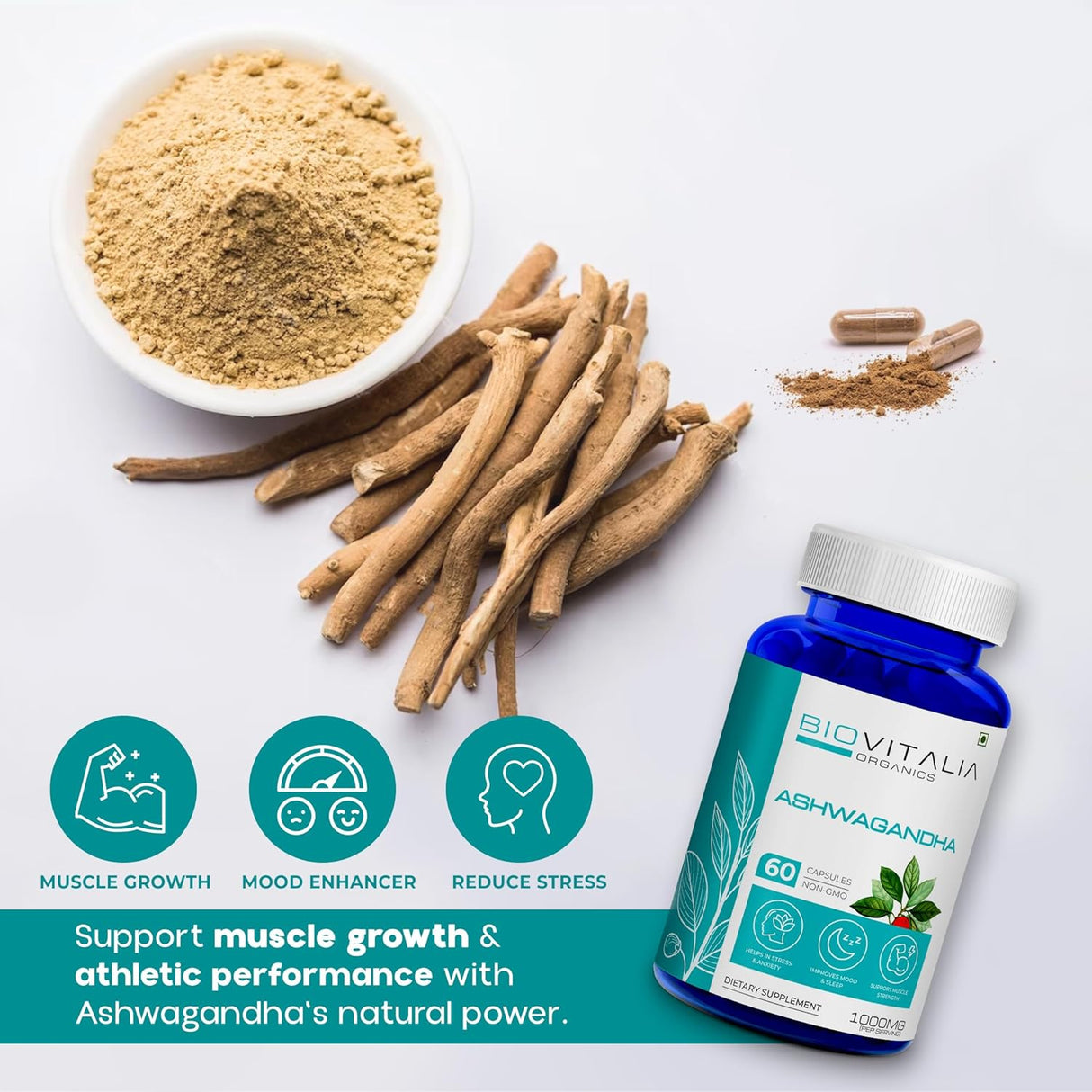 Cápsulas de Ashwagandha 1000mg - Suplemento Natural 60 Veganas