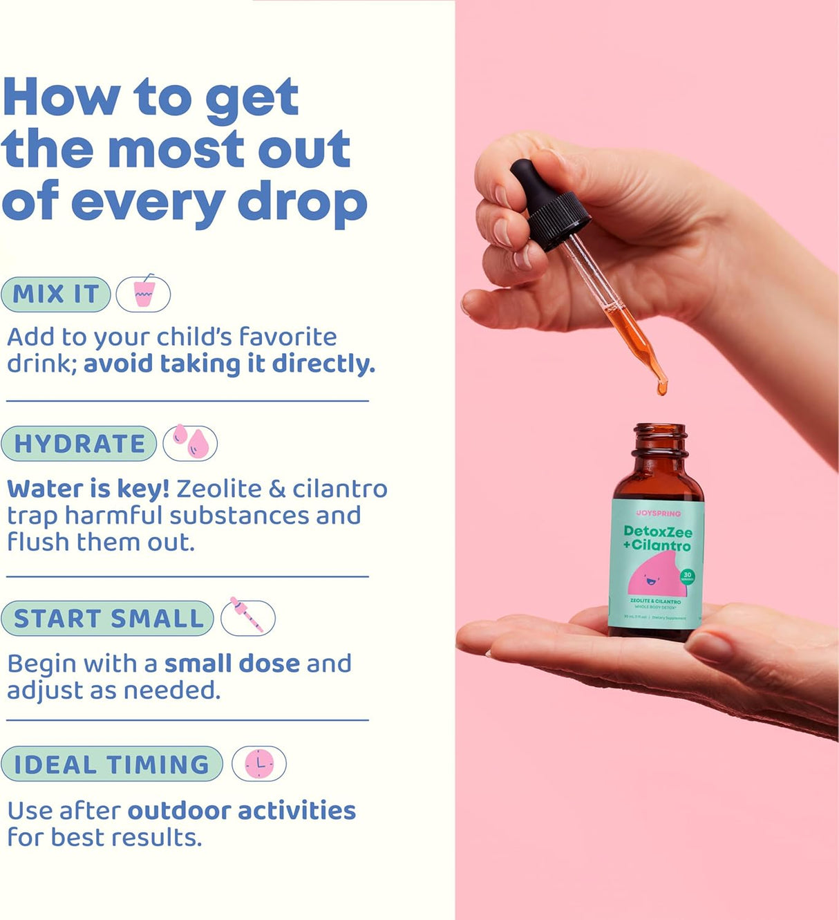 JoySpring DetoxZee gotas para niños, limpieza natural con zeolita y cilantro