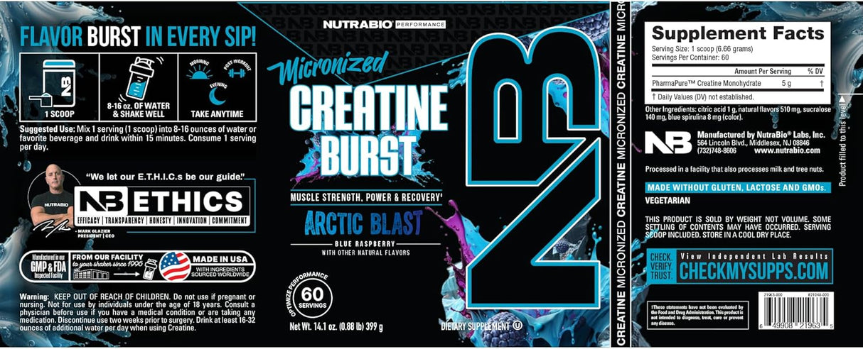 Creatina Monohidratada NutraBio, 300 g, Energía y Recuperación