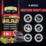 Suplemento de Shilajit con Ashwagandha, Ginseng, L-Arginina, Chaga - Orgánico Himalaya - Energía y Bienestar - 60 Cápsulas