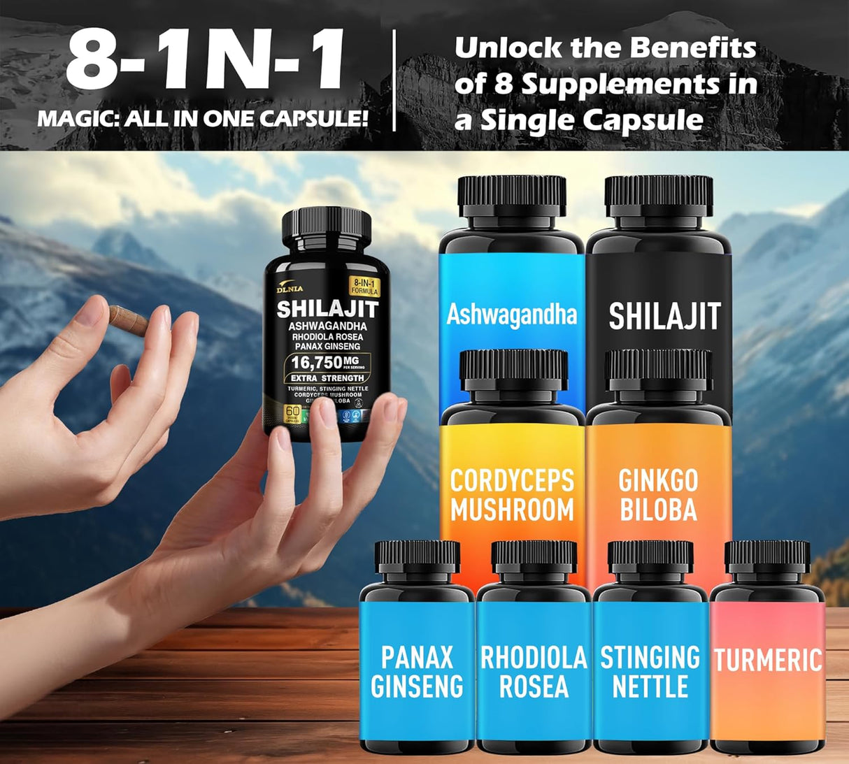 Suplemento Orgánico Shilajit 9000MG con Adaptógenos 8 en 1