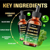 Oregano Oil Líquido 5en1 con SemillaNegra, Elderberry, Ajo, Olivo 2oz