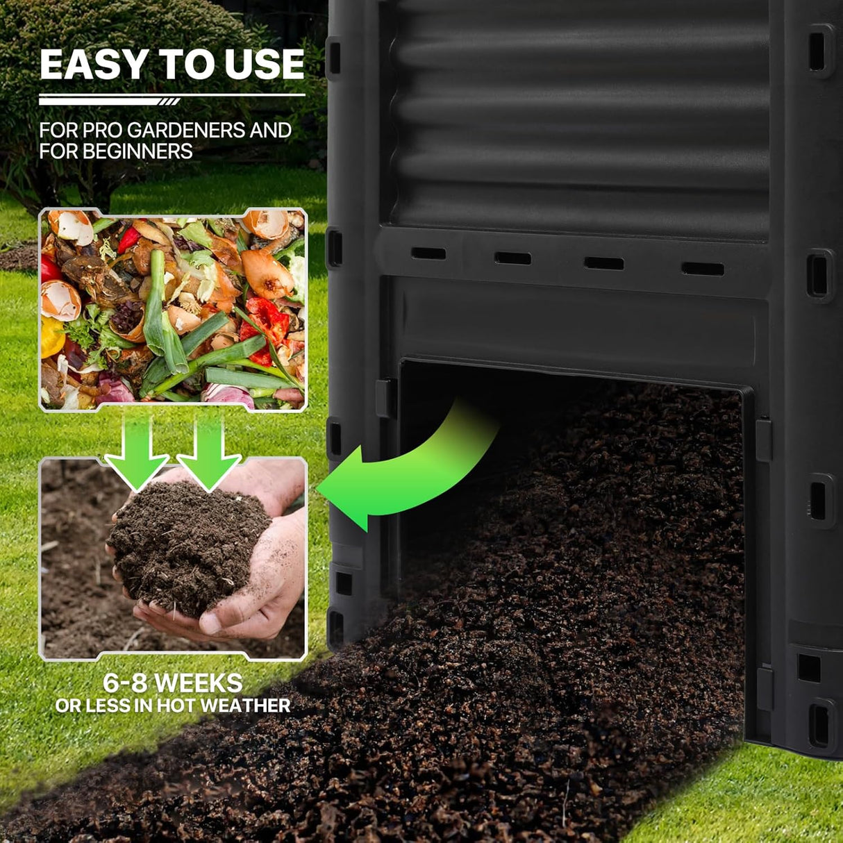 Compostador MoNiBloom 80 Gal, BPA Free, Rotatorio, Exterior