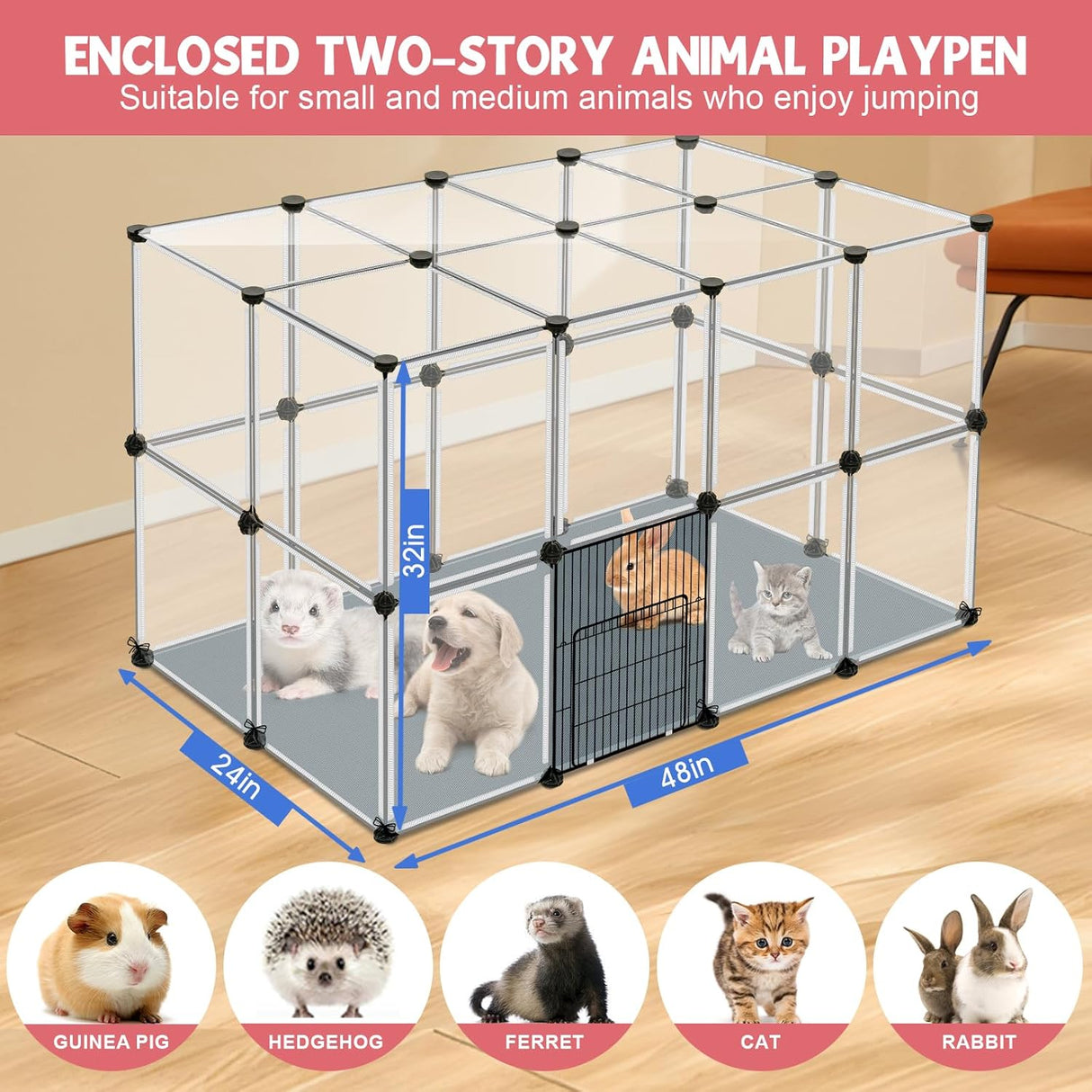 Paneles para Mascotas, Enclosure Transparente, 32 Piezas, Modelo X